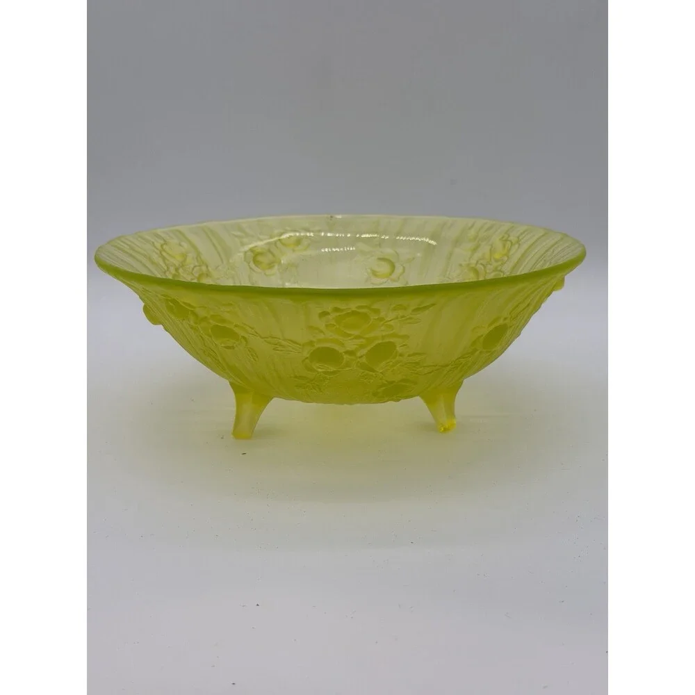 Tiffin Art Glass Vaseline Uranium Satin Roses Bowl 1920 MCM Round Green See Pics